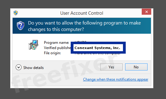 Screenshot where Conexant Systems, Inc. appears as the verified publisher in the UAC dialog